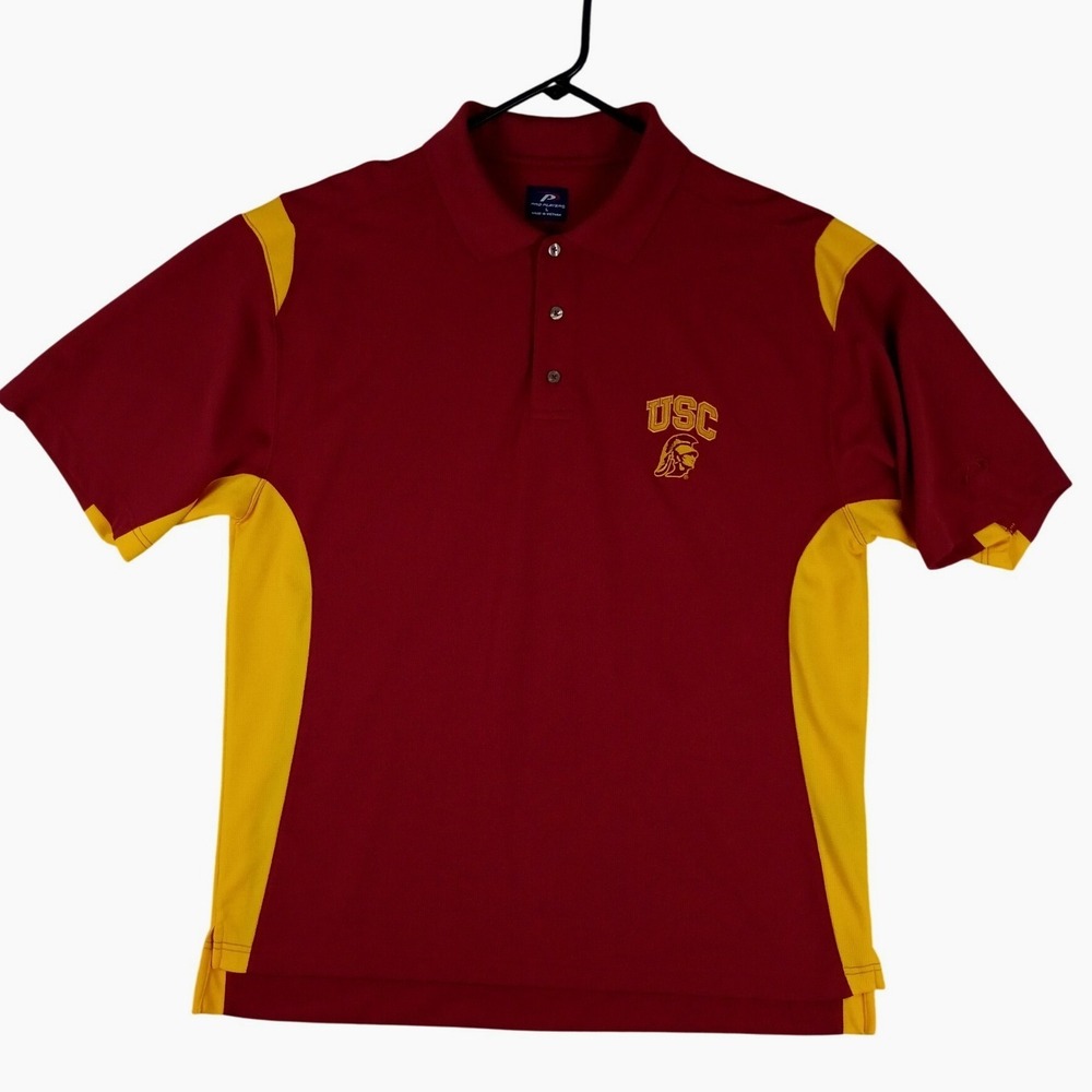 Pro Player USC Polo Shirt Men Large Red‎ Gold Excellent Short Sleeve Mesh NCAA